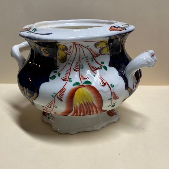 200 yrs old Gaudy Welsh Tulip Pattern Footed Ceramic Sugar Bowl Hand (no Lid) 6" - Picture 1 of 9